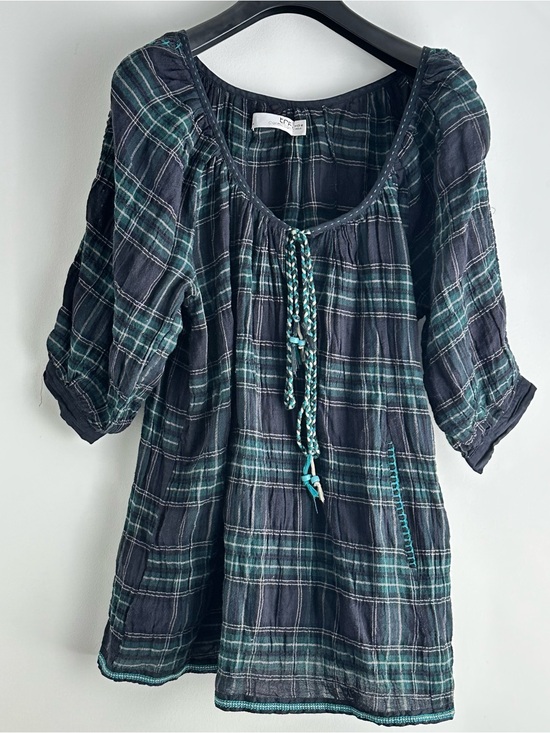 Zara Tops - Y2K Zara Navy and Green Plaid Peasant Tunic with Braided Tie S